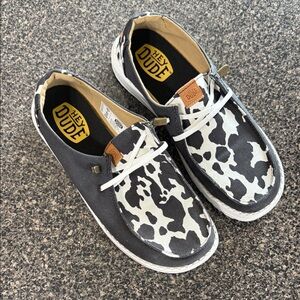 Hey Dude Women's Sneakers - Black and White Cow Pattern